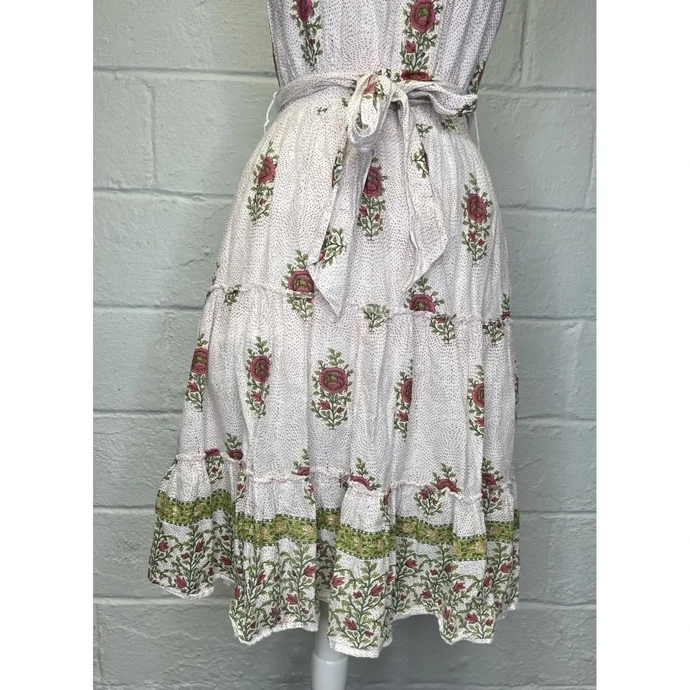 Roller Rabbit Valley Floral Naoki Dress XS Boho Cotton Ruffle Tiered Belt Ruffle